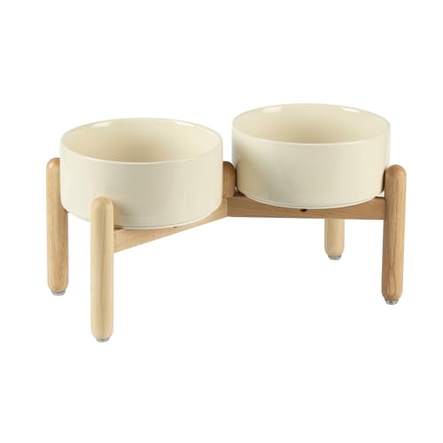 Havniva Erhöhtes Doppelnapf-Set aus Keramik mit Holzständer, Futter- und Wassernäpfe für mittelgroße Hunde, beschwerter Hundenapf, Haustiernapf, 1,8 cm, Beige von Havniva