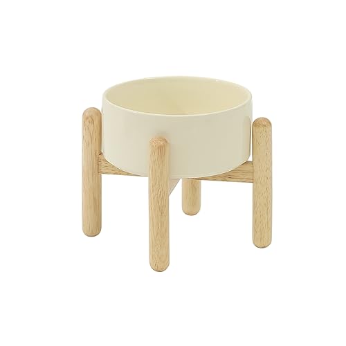 Havniva Hundenapf Keramik Fressnapf Erhöhter Futternapf Wassernapf mit Holzständer für Mittelgroße und Ausgewachsene Kleine Hunde (Einzelne Schale mit Ständer - Beige, 850ml) von Havniva