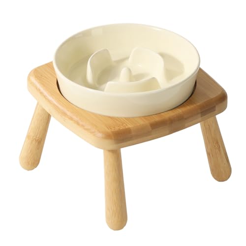 Havniva Keramik Hund Langsame Futterschale, angehobene Hundefutterschale für kleine und mittlere Hunde (1 x Creme + Vorsitz Ständer, 15.5cm) von Havniva