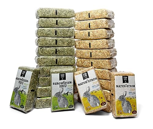 Hayrabbit Naturstroh & Bergwiesenheu - 12kg Stroh und 12kg Heu in 1kg Beuteln verpackt, allergikerfreundlich, Beste Qualität von Hayrabbit