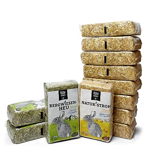 Hayrabbit Naturstroh & Bergwiesenheu - 9kg Stroh und 3kg Heu in 1kg Beuteln verpackt, allergikerfreundlich, Beste Qualität für Kaninchen von Hayrabbit