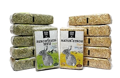 Hayrabbit Naturstroh & Bergwiesenheu - 6kg Stroh und 6kg Heu in 1kg Beuteln verpackt, allergikerfreundlich, Beste Qualität von Hayrabbit