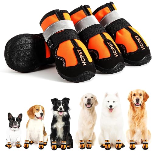 Hcpet Hundeschuhe 4-Wege-Stretch Mikrofaser Nylon reflektierendes Gurtband Gummipfotenschutz Pfotenschutz Außensohle Hundeschuhe (orange 6: 7,6 x 6,6 cm (L x B) für 23,6-29,5 kg von Hcpet