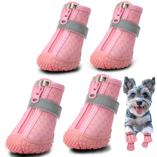 Hcpet Hundeschuhe für kleine Hunde, wasserdichte Hundeschuhe und Pfotenschutz für heißen Bürgersteig Winter Schnee Wandern, rutschfeste Hundeschuhe für Hartholzböden, Rosa, Größe 1 von Hcpet