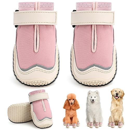 Hcpet Hundestiefel, atmungsaktiv, Hundeschuhe für heißen Bürgersteig, hitzebeständige Hundeschuhe mit reflektierenden Riemen, Welpen-Outdoor-Pfotenschutz mit Gummisohlen zum Wandern und Laufen, Rosa, von Hcpet