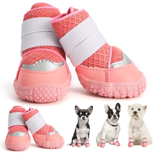 Hcpet Hundeschuhe für kleine Hunde, atmungsaktive Hundeschuhe & Pfotenschutz für heißen Bürgersteig Winter Schnee Wandern, rutschfeste Hundeschuhe für Hartholzboden, Rosa, Größe 4 von Hcpet