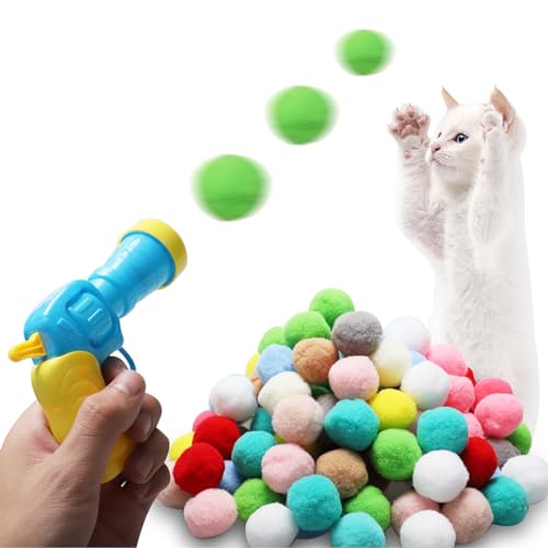 Hcunbsu Katzenspielzeug Bälle, 100 Stück Bunte Weiche Katze Pompom, Interaktives Katzenspielzeug mit Katzenspielzeug-Werfer, Geräuschloser Katzen Spielzeug für Katzen Indoor von Hcunbsu