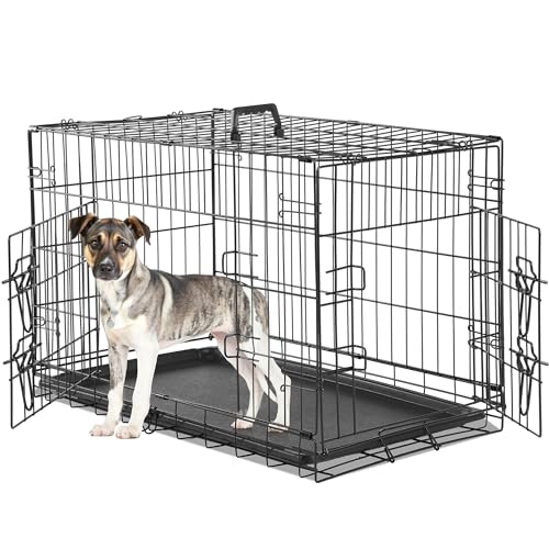 HealSmart 30 Zoll Mittelgroße Hundebox mit Trennwand, Doppeltür Faltbarer Metalldrahtkäfig mit auslaufsicherer Kunststoffwanne, tragbare Haustierhütte für drinnen, draußen und Reisen, Schwarz von HealSmart