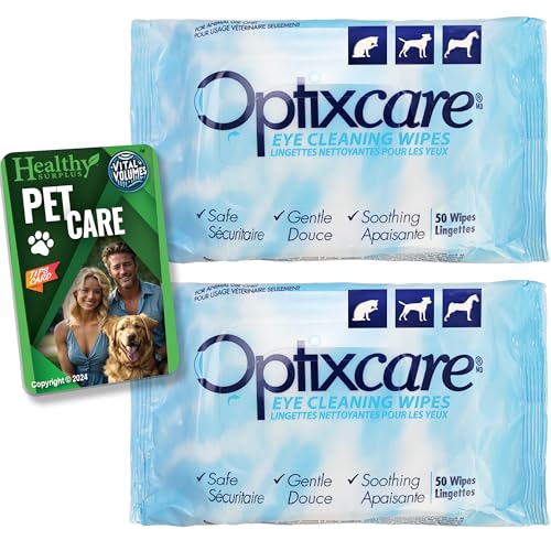 Healthy Surplus Optixcare Augenreinigungstücher für Hunde und Katzen, 50 Stück, 2 Packungen (insgesamt 100 Tücher) und Vitalvolumen, Haustierpflege-Karte, Paket von Healthy Surplus