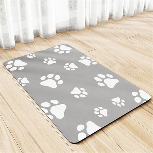 Hearda Futtermatte Hund Saugfähig, Hundepfote Drucken Katzen Futternapf Unterlage Napfunterlage Hund Schnelltrocknend Futternapf Matte rutschfest Haustier Futtermatte (45x60cm,Hellgrau) von Hearda