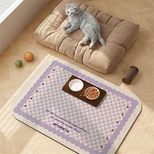 Hearda Futtermatte Hund rutschfest, Süß Stil Napfunterlage Hund Saugfähig Katzen Futternapf Unterlage Schnelltrocknend Unterlage Katzennapf Futternapf Matte (80x120cm,Lila Checkerboard B) von Hearda