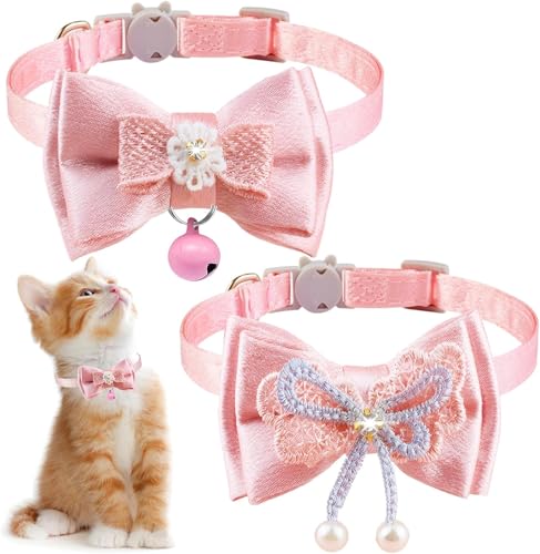 Niedliches Kätzchen-Halsband für Mädchen, Katzenhalsband, Breakaway, rosa Schleife, Katzenhalsband, Mädchen, Katzenzubehör, Fliege, Kätzchen-Halsband mit Blume (2 Stück (Farbe D + Farbe E)) von Heavelove