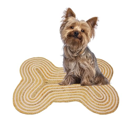 Heavenera 41,5 x 53,3 cm, Jute-Baumwolle, Knochenform, Futtermatte für Hunde und Katzen, handgefertigt, für den Innenbereich, Hintertür, natürlich, handgefertigt, Hunde-Platzset (NAT/weiß) von Heavenera