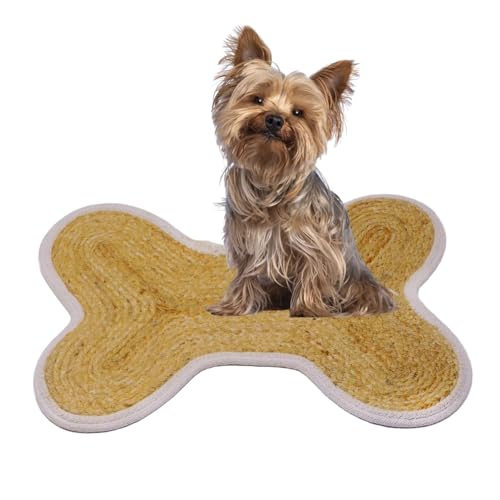 Heavenera 41,8 x 53,3 cm 1 Stück Hunde-Futtermatte Katze Haustier Essmatte Natürliches Jute-Material Teppich kleine Matte für Haustiere (eingefasster Knochen, 41,5 x 53,3 cm) von Heavenera