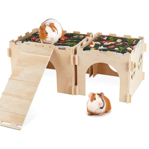 Hedgeink Meerschweinchen Versteck, 5-teiliges Holz Hamster Versteck Set, Großes 2-teiliges Kaninchenhaus mit Treppen, Weiches Kaninchen Versteck mit 2 Polstern von Hedgeink