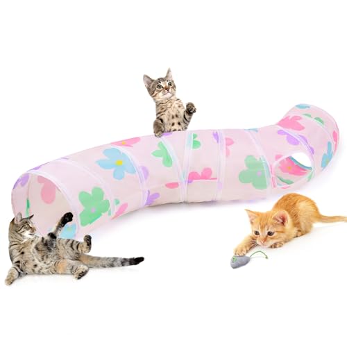 Hedgeink Katzentunnel S-Form Peekaboo Höhle Katze mit Spielzeug Tunnel für Indoor-Katzen Faltbarer Kaninchen Spieltunnel für Katze, Meerschweinchen, Frettchen, Welpen, Aprikosenblumen von Hedgeink