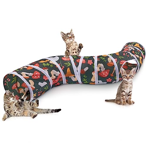 Hedgeink Katzentunnel S-Form Peekaboo Höhle Katze mit Spielzeug Tunnel für Indoor-Katzen Faltbarer Kaninchen Spieltunnel für Katze, Meerschweinchen, Frettchen, Welpen, Dunkelgrüne Pilze von Hedgeink