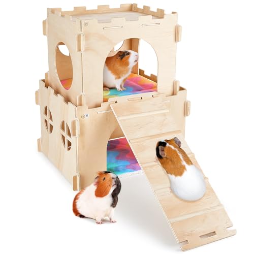 Hedgeink Meerschweinchen Versteck, 5-teiliges Holz Hamster Versteck Set, Großes 2-teiliges Kaninchenhaus mit Treppen, Weiches Kaninchen Versteck mit 2 Polstern von Hedgeink