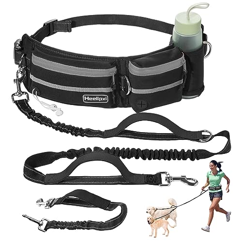 Heellpxi Hundeleine für mittelgroße und große Hunde (13,6 kg - 59 kg), multifunktionale Hüfttasche, reflektierende Nähte, einziehbare Laufleine für Training, Wandern, Joggen, Doppelgriff, Grau von Heellpxi