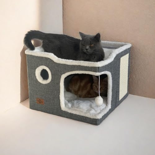 Heerduos Katzenbett für Wohnungskatzen, überdachtes Katzenhöhle und Möbel mit Kratzpolster, faltbares Katzenversteck, niedliches Katzenhaus mit weicher, waschbarer Matte für mehrere kleine Haustiere von Heerduos