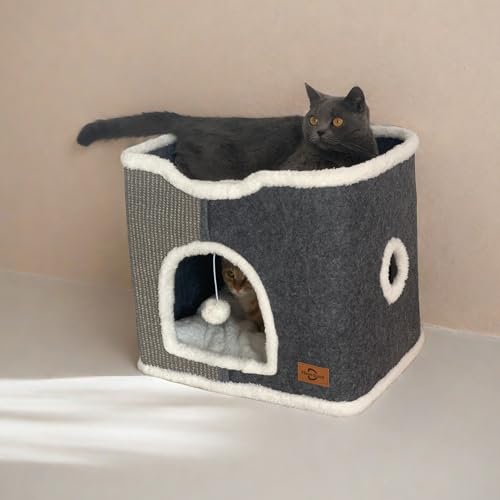 Heerduos Katzenhaus mit 2 Ebenen für Hauskatzen, überdachte Katzenhöhle, Betten und Möbel mit Kratzkissen, Versteckhöhle und Kissen, modernes Katzenhaus für mehrere kleine Haustiere und große Katzen von Heerduos