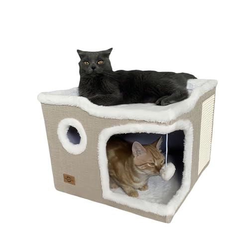 Katzenbett für Hauskatzen, überdachte Katzenhöhle, Haus und Möbel mit Kratzpolster, faltbares Katzenversteck mit weicher, waschbarer Matte für mehrere kleine Haustiere unter 13,6 kg, Khaki von Heerduos