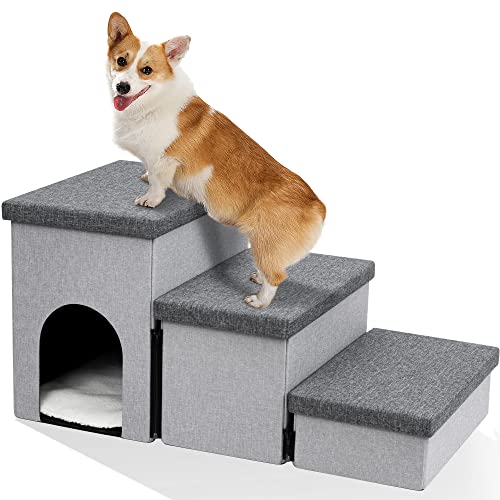 Heeyoo Hundetreppe für Kleine Hunde, Faltbare Hundetreppe für Couch und Hochbett, 3-stufige Haustiertreppe mit Stauraum und Haustierhaus, rutschfeste Hunderampe für kleine Hunde und Katzen oder von Heeyoo