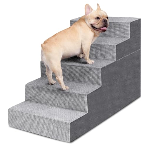 Heeyoo Hundetreppe für kleine Hunde, 4-stufige Hundetreppe für Hochbett und Couch, hochdichter Schaumstoff-Haustiertreppe mit Stützbrett, rutschfester, abnehmbarer waschbarer Bezug, Grau, 58,4 cm hoch von Heeyoo