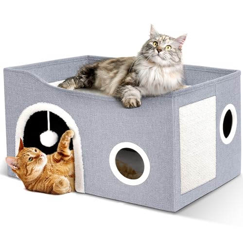 Heeyoo Katzenhaus für Indoor Katzen - Große Katzenbett Höhle mit Flauschigem Ball und Kratzpad, Faltbare Katzenhöhlen, Katzenwürfel, Katzenversteck Überdachtes Katzenbett von Heeyoo