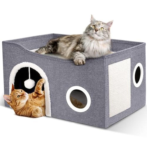 Heeyoo Katzenhaus für Indoor-Katzen – Große Katzenbett-Höhle mit flauschigem Ball und Kratzpad, Faltbare Katzenhäuser & Höhlen, Katzenwürfel, Katzenversteck, bedecktes Katzenbett für mehrere kleine von Heeyoo