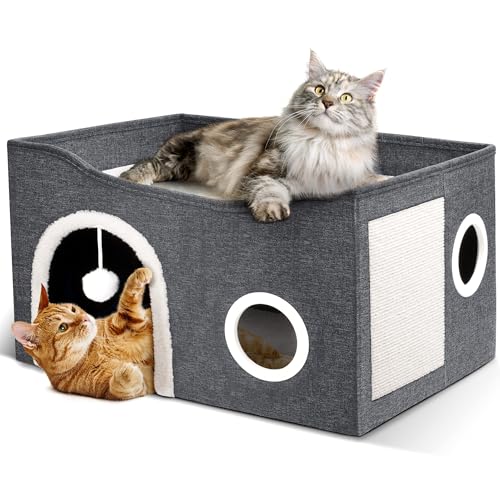 Heeyoo Katzenhaus für Indoor-Katzen – Große Katzenbett-Höhle mit flauschigem Ball und Kratzpad, Faltbare Katzenhäuser & Höhlen, Katzenwürfel, Katzenversteck, bedecktes Katzenbett für mehrere kleine von Heeyoo