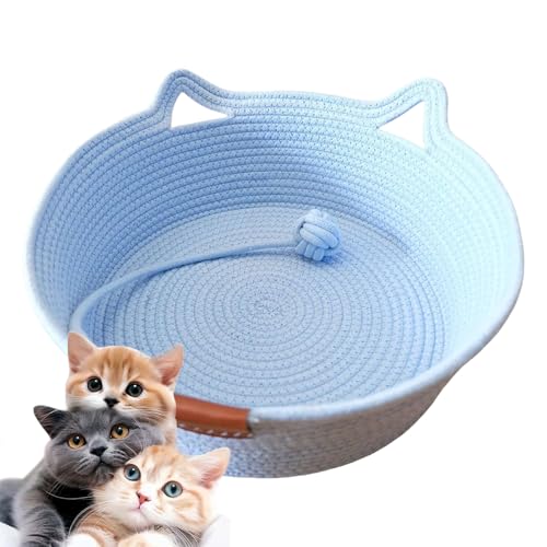 2025 New Virelapets Woven Rope Cat Basket, Handmade Natural Cotton Pet Bed with Ball Toy, 13”/16”/18” Cozy Durable Furniture Protector for All Cats (Blue,L) von Hehuo