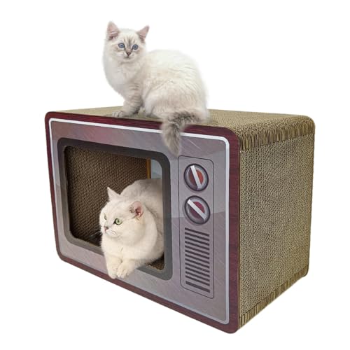 Heikoeco® Katzenhöhle mit Kratzbrett, 2-in-1 TV-förmiges Katzenhaus, Lounge Kratzpappe für Katzen aus Qualitäts-Pappe, Katzenspielzeug Kratzmatte für Indoor-Katzen als Möbelschutz von Heikoeco