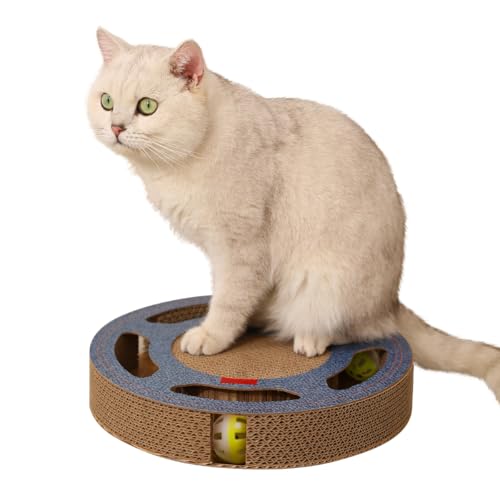 Heikoeco® Kratzbrett Katze mit 2 Klingelballs, 3 in 1 Kratzpappe für Katzen Rund, Katzenspielzeug Selbstbeschäftigung aus Langlebiger Wellpappe (Blau, Rund) von Heikoeco