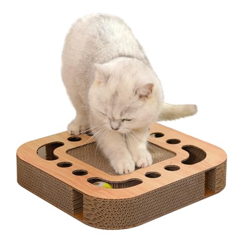 Heikoeco® Katzenspielzeug, Kratzbrett Katze, Interaktives Kratzbrett, Katzenspielzeug Selbstbeschäftigung mit 2 Glöckchen aus langlebiger Wellpappe, 3 in 1 Kratzpappe für Katzen (Holz, Quadratisch) von Heikoeco