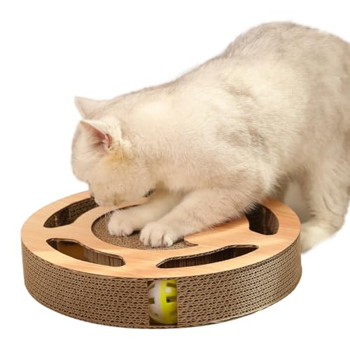 Heikoeco® Kratzbrett Katze mit Minze 2 Klingelballs, 3 in 1 Kratzpappe für Katzen Rund, Katzenspielzeug Selbstbeschäftigung aus Langlebiger Wellpappe (Holz, Rund) von Heikoeco