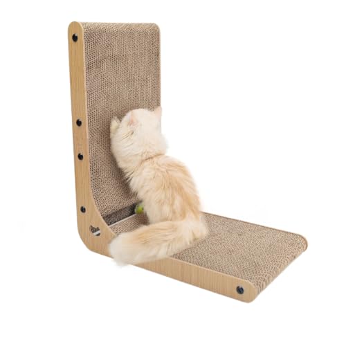 Heikoeco® Katzenspielzeug Katze, Extra breit und super stabil, Kratzbrett mit Ballspielzeug, Langlebige Kratzbretter Katze, L-förmige Kratzpappe für Katzen (M für kleine Katzen, Holz) von Heikoeco