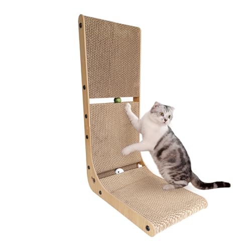 Heikoeco® Kratzbretter Katze, Super stabil Katzenspielzeug Katze, 26Bx39Lx60H cm Kratzbrett mit Ballspielzeug, Langlebige Kratzpappe für Katzen, L-förmige Katzen Kratzbrett (Holz, Katzenminze) von Heikoeco