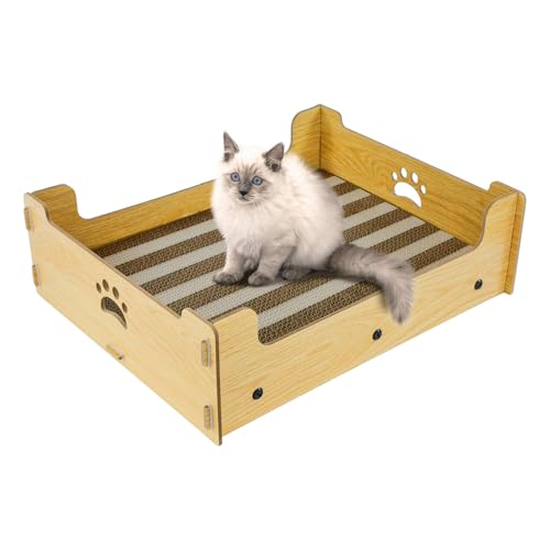 Heikoeco® Kratzlounge Katze Pappe, Kratzpappe für Katzen Groß XXL Haus, Kratzbrett Kratzmatte Katze aus Hochwertiger Wellpapier & Holz 48,5x40x15,5cm von Heikoeco