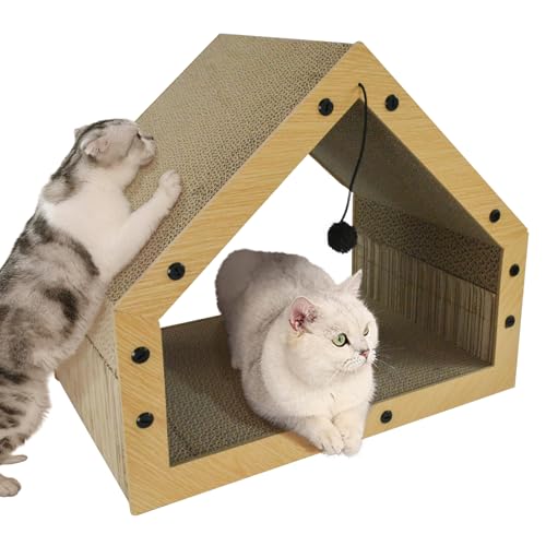 Heikoeco® Kratzpappe für Katzen Groß XXL mit Ball, Hausform Kratzbretter Katze, Betten, Kratzspielzeug & Kratzmöbel aus Hochwertiger Wellpapier, 40x30x40cm von Heikoeco