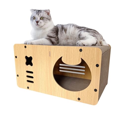 Heikoeco® Katzenhöhle mit Kratzbrett, XXL Katzenhaus Indoor aus Pappe, Kratzpappe für Katzen, Kratzpad Lounge, Langlebiges Katzenspielzeug 55 * 29 * 28cm (kleines Monster) von Heikoeco