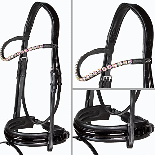 Heinick-Reitsport Trense anatomisch Motion Schwarz Lack breites RH mit Zaumhaken ~ Warmblut ~ (Glow-Rainbow) von Heinick-Reitsport