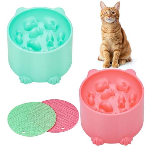 Hejo 2 Stück Anti Schling Napf Katzen Erhöht, Slow Feeder Futternapf Katze, Nackenschutz Fressnapf Katzen mit Anti Rutsch Matte, Katzen Fressnapf und Wassernapf für Katzen, Kleine Hunde (Rosa&Grün) von Hejo