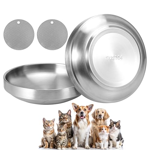 Hejo 2 x Katzennapf Flach Edelstahl, 15CM Metall Katzen Teller mit 2 grauen Silikonpolstern, Futternapf Katze Flach gegen Schnurrhaarmüdigkeit, Sturzsicher Katzennapf Edelstahl für Katzen und Welpen von Hejo