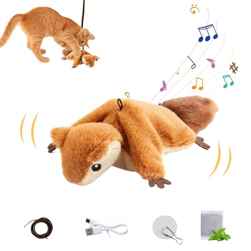 Hekasvm Katzenspielzeug Vogel, Interaktives Katzenspielzeug Selbstbeschäftigung, Elektrisches Vogel Spielzeug für Katzen mit Katzenminze, USB-Aufladung, Flapping Bird Cat Toy (Eichhörnchen) von Hekasvm