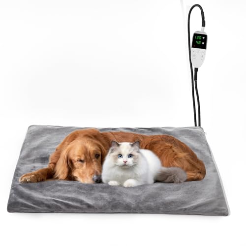 Katzen & Hund Heizmatte 45 * 70cm, Timer & Temperatur Einstellbare, Haustier Heizmatte Wasserdicht, mit Kristall-Samt-Bezug & Anti Biss Kabel, Wärmedecke ideal für Welpen/Welpen/Hunde und Katzen von Helining