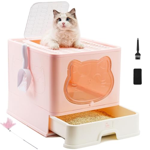 HelloMiao Vollständig Geschlossene Katzentoilette mit Deckel Schubladentyp Desodorierende Cat Litter Box Gross Faltbare Katzen klo mit Haustier-Kunststoffschaufel Geeignet (Hell-Pink) von HelloMiao