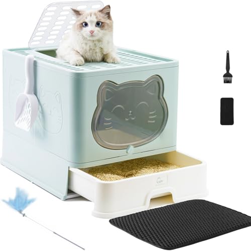 HelloMiao Vollständig Geschlossene Katzentoilette mit Deckel Schubladentyp Desodorierende Cat Litter Box Gross Faltbare Katzen klo mit Haustier-Kunststoffschaufel Geeignet (Hellblau+Matte) von HelloMiao