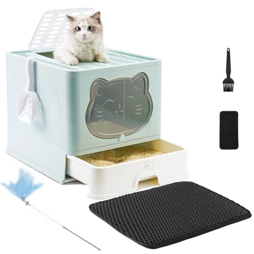 HelloMiao Vollständig Geschlossene Katzentoilette mit Deckel Schubladentyp Desodorierende Cat Litter Box Gross Faltbare Katzen klo mit Haustier-Kunststoffschaufel Geeignet (Hellblau+Matte) von HelloMiao