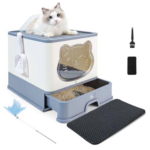 HelloMiao Vollständig Geschlossene Katzentoilette mit Deckel Geruchsneutralisierendes Katzenklo in Groß, Cat Litter Box Schubladensystem & Klappbar mit Praktischer Katzenstreuschaufel von HelloMiao